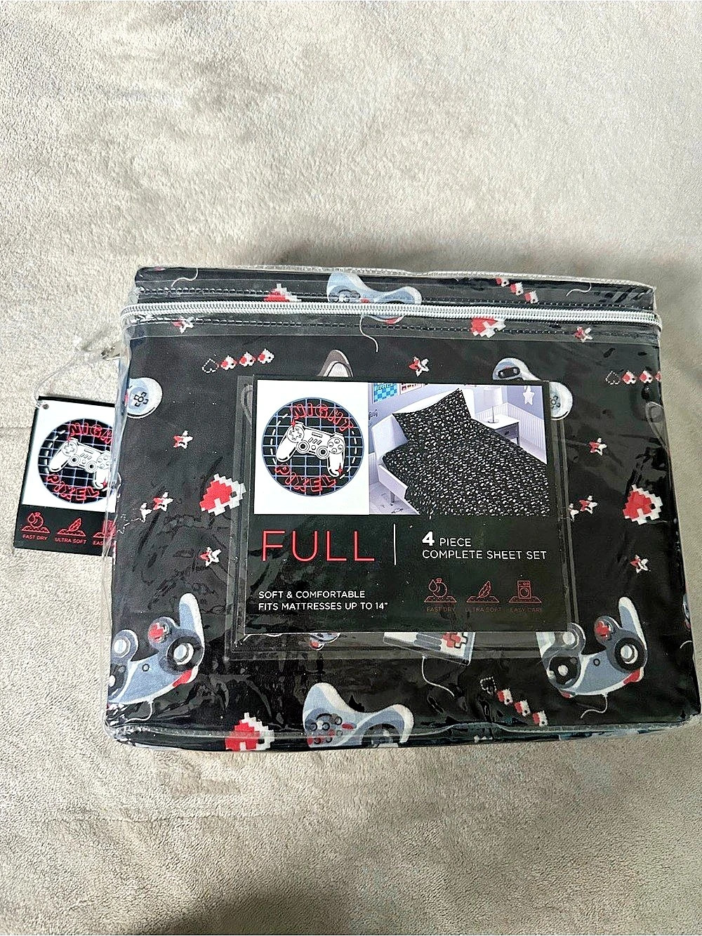 Night Pixel Video Game Controller Print Full Sheet Set Black & Red 4-Piece Sheet